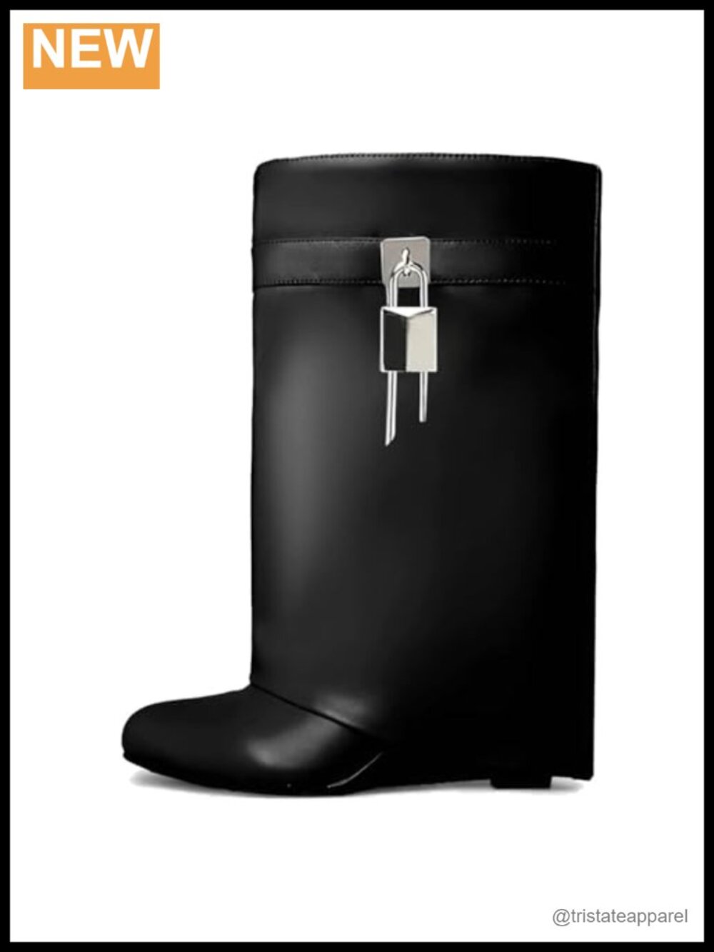Wide Calf Fold Over Wedge Heel Ankle Boots with Metal Padlock